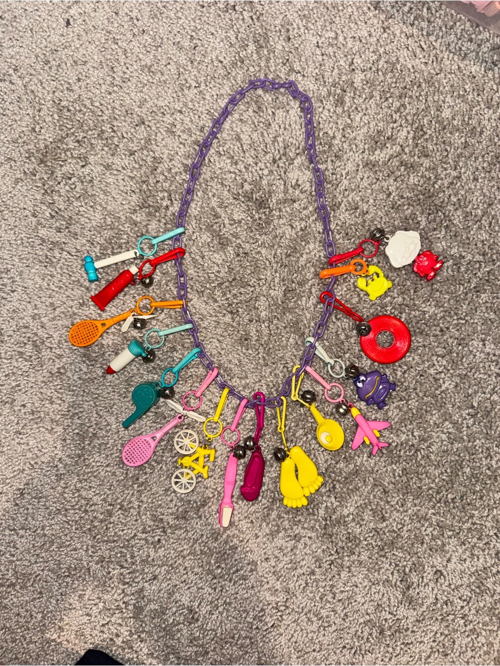 Vintage 1980's Plastic Bell Charm Necklace | 16 Clip-on Charms Retro Colorful
